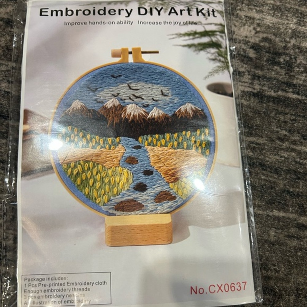 Embroidery DIY Art Kit with Blue and Brown Landscape